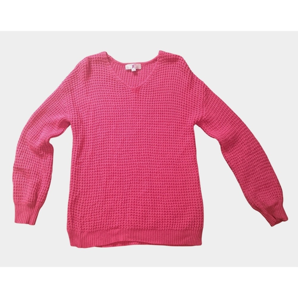Womens Fuschia Oversized Pink Waffle Sweater V-Neck Chunky Knit XL